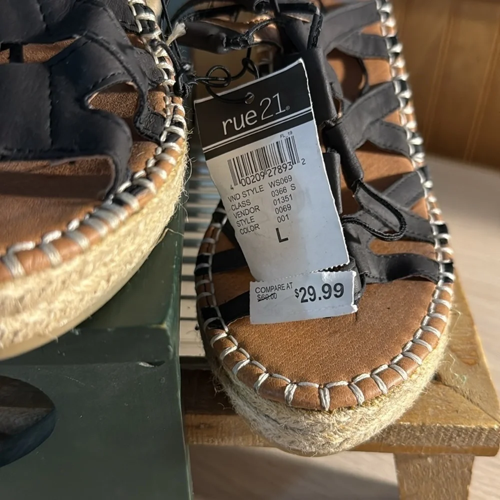 ETC! Black Faux Leather Lace up Cork Wedges
